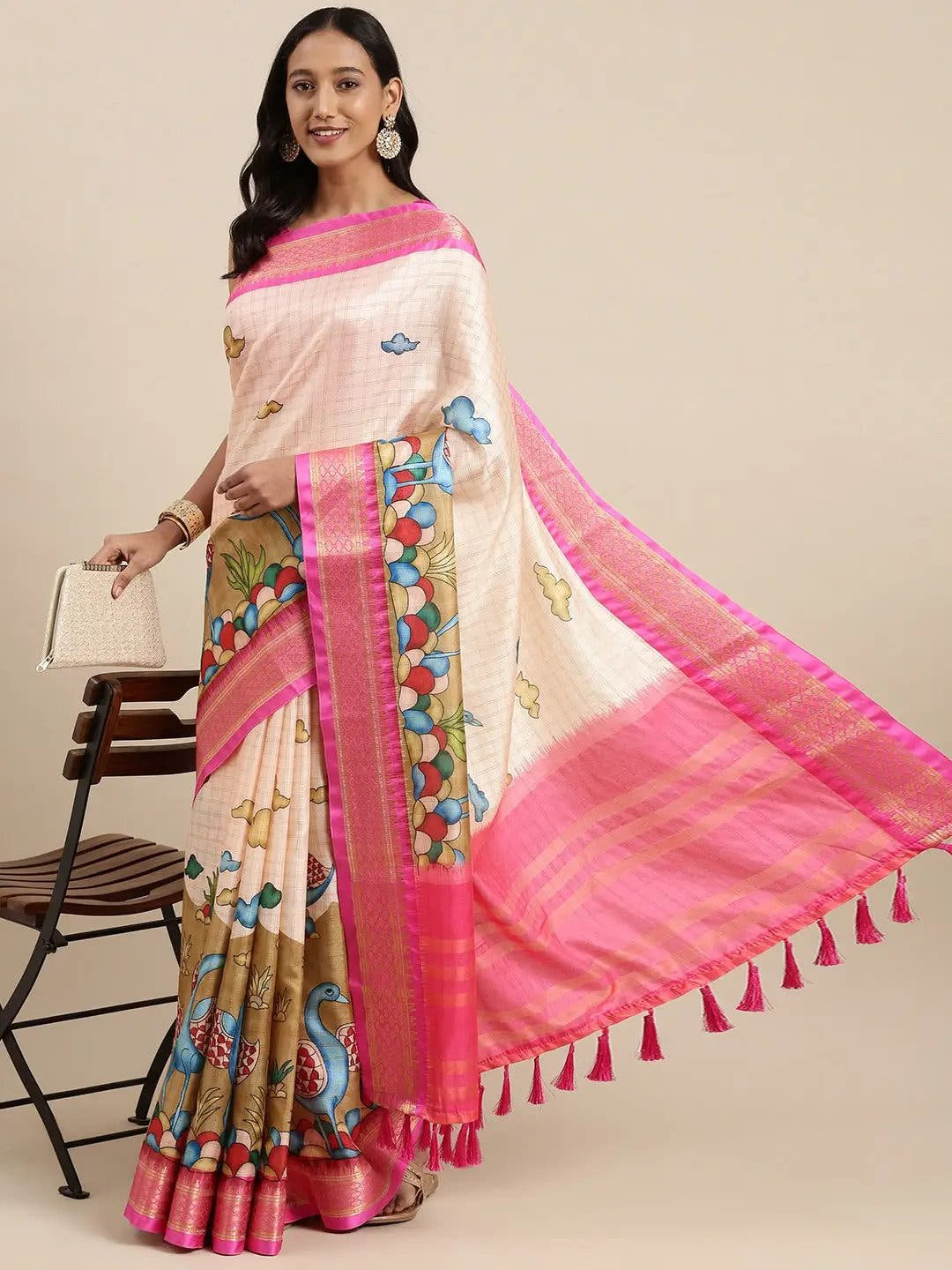 Pink Colour Kalamkari Digital Print Uppada Silk Saree