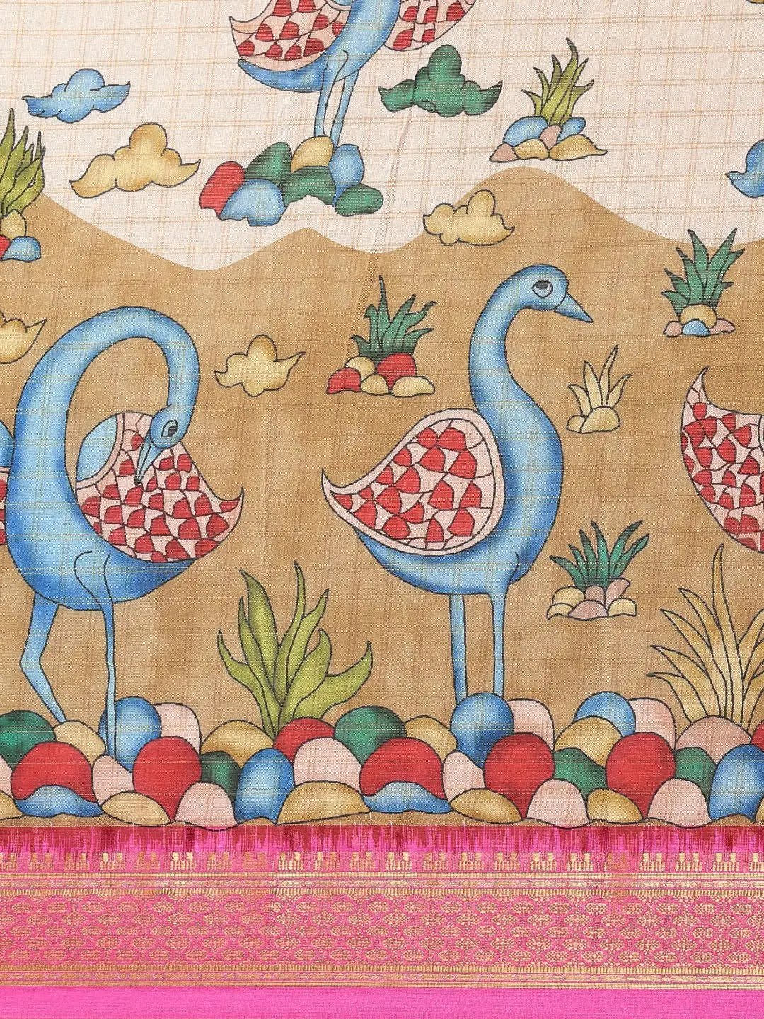 Pink Colour Kalamkari Digital Print Uppada Silk Saree