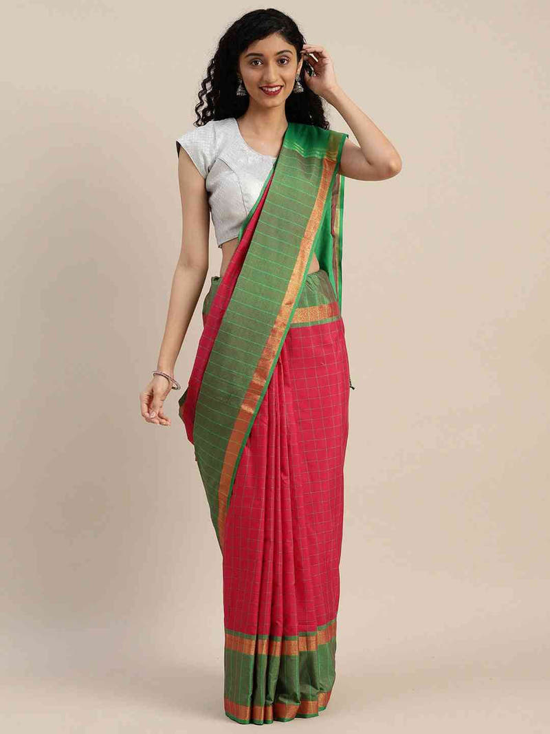 Stylish Red Colour Silk Cotton Checked And Zari Work Saree