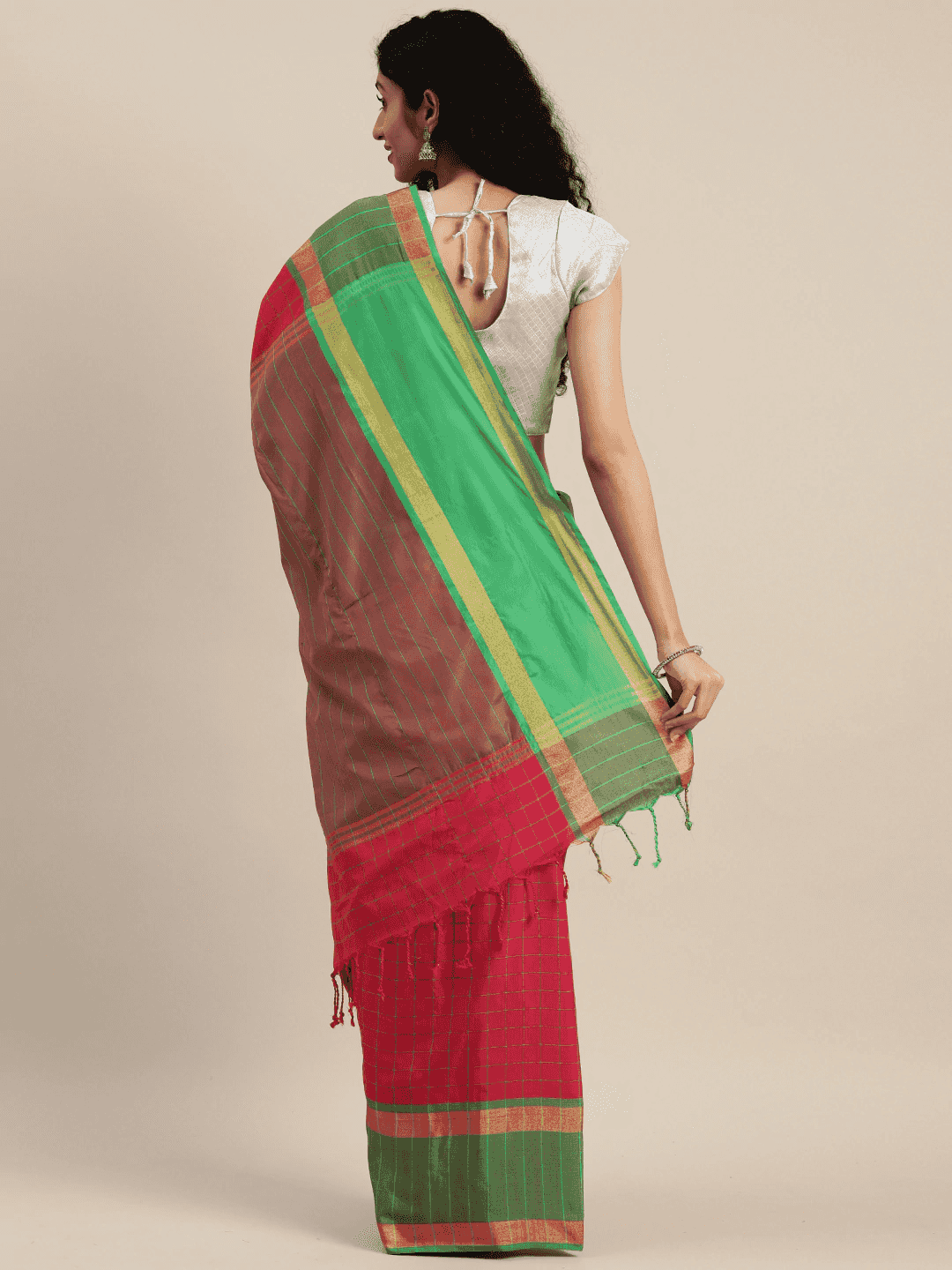 Stylish Red Colour Silk Cotton Checked And Zari Work Saree