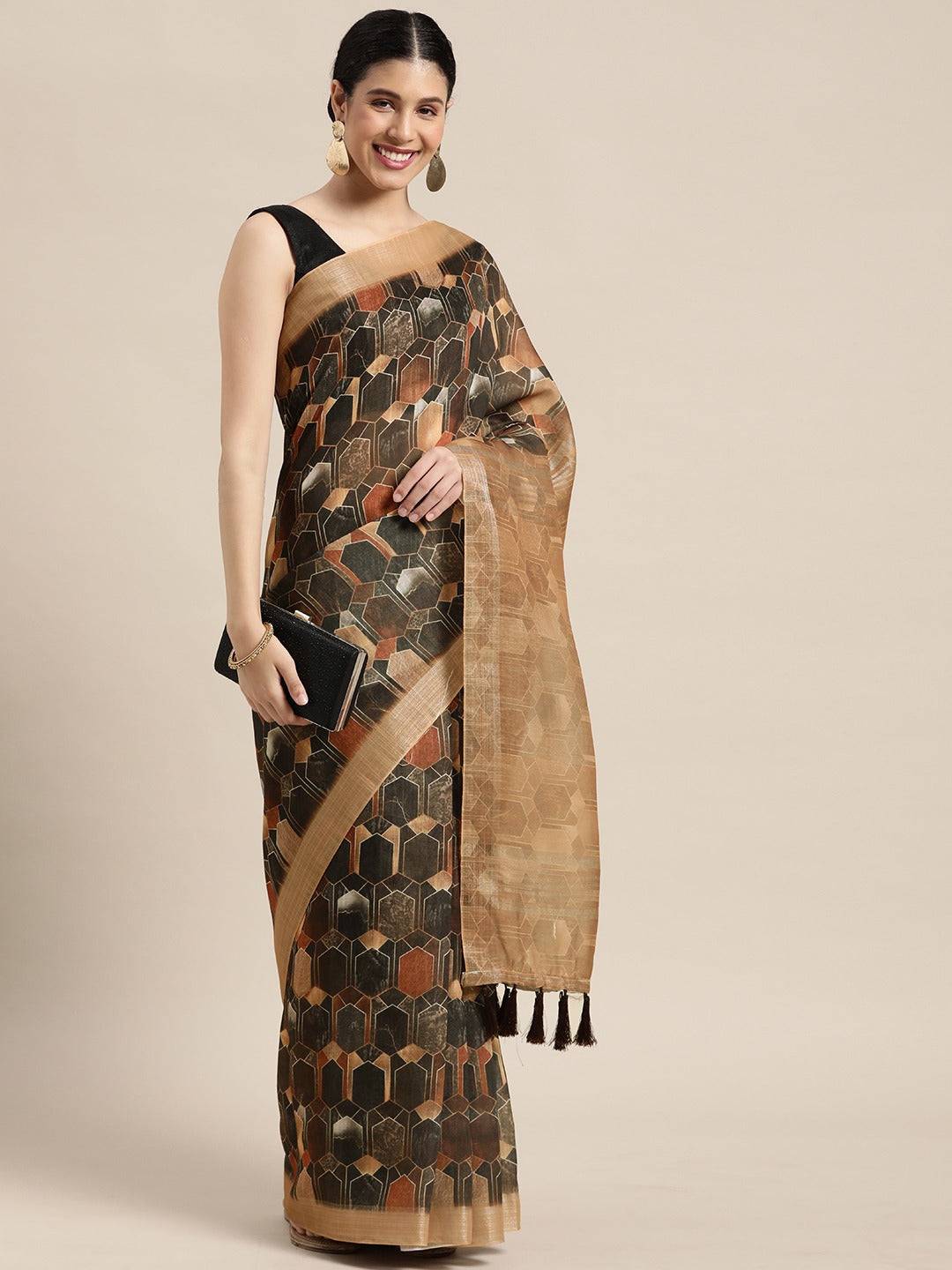 Exclusive Soft Linen Geometric Print Festive Wear Saree