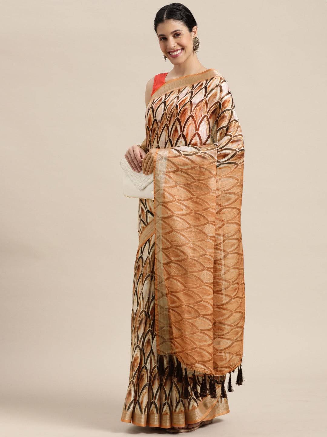 Brown Colour Soft Linen Geometric Print Festive Wear Saree