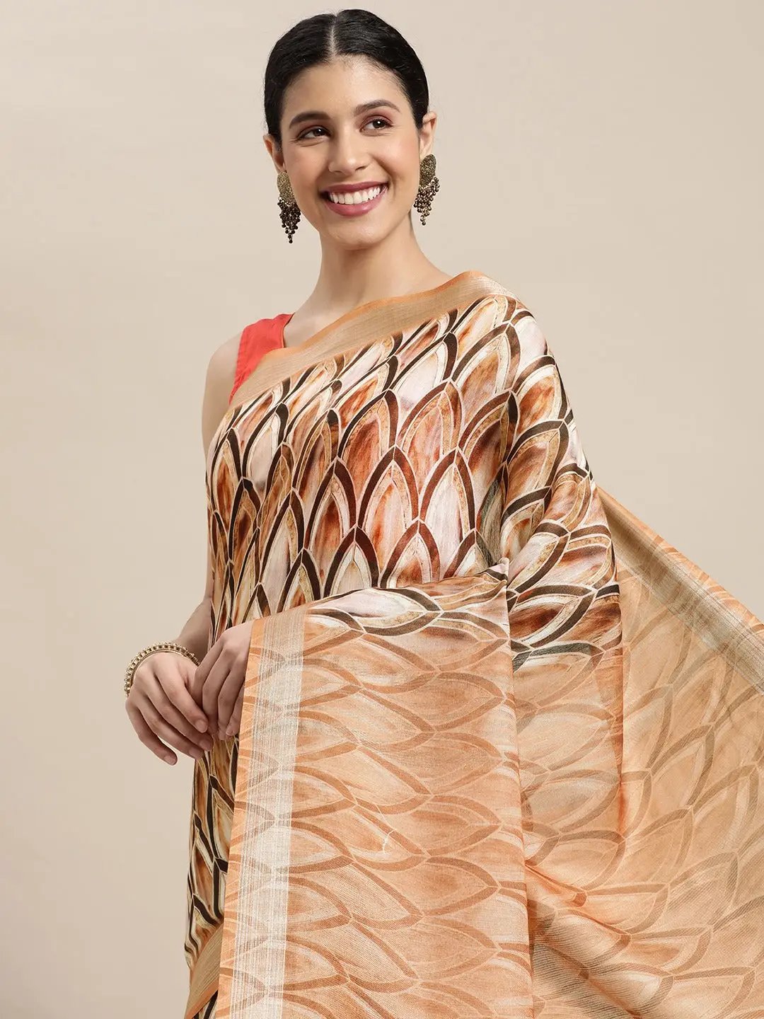 Brown Colour Soft Linen Geometric Print Festive Wear Saree