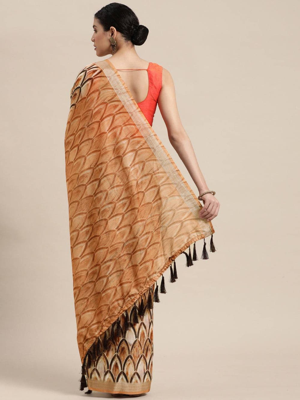 Brown Colour Soft Linen Geometric Print Festive Wear Saree