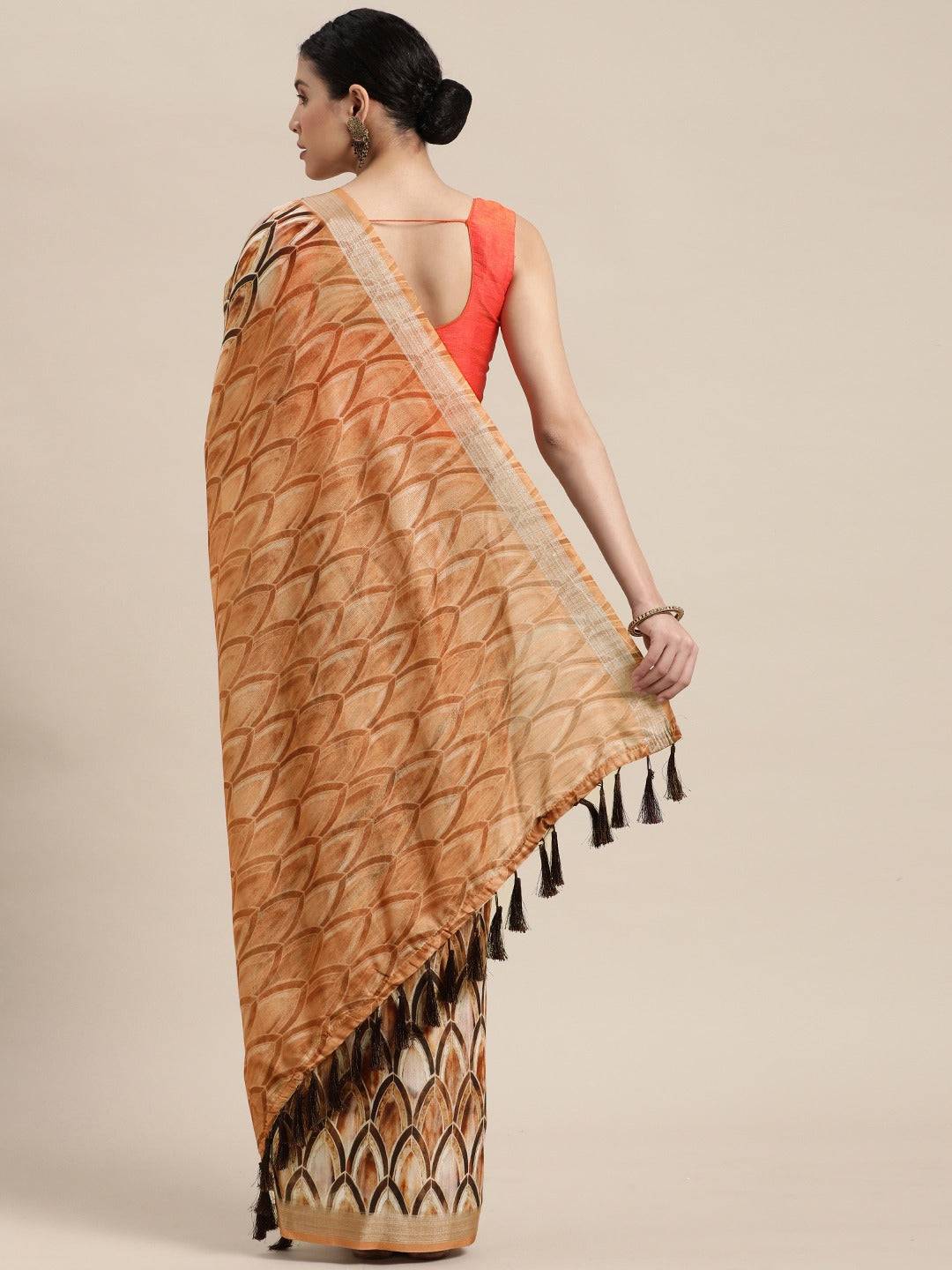 Brown Colour Soft Linen Geometric Print Festive Wear Saree