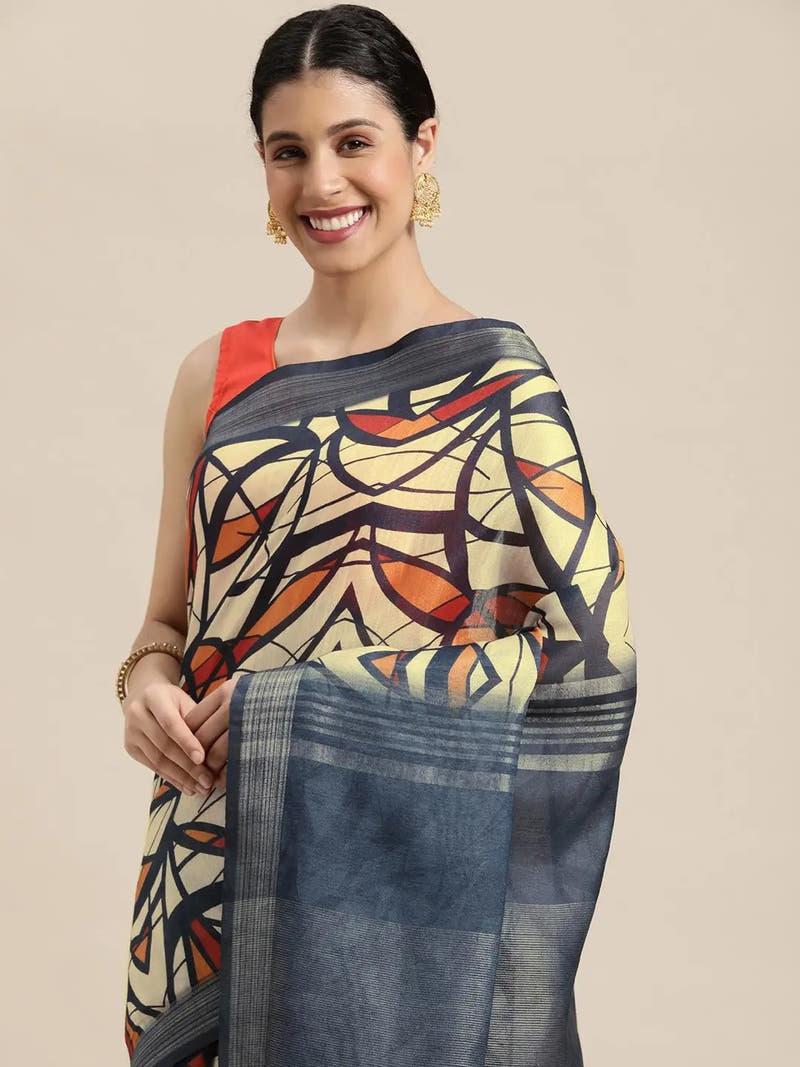 Yellow Colour Soft Linen Geometric Print Festive Wear Saree