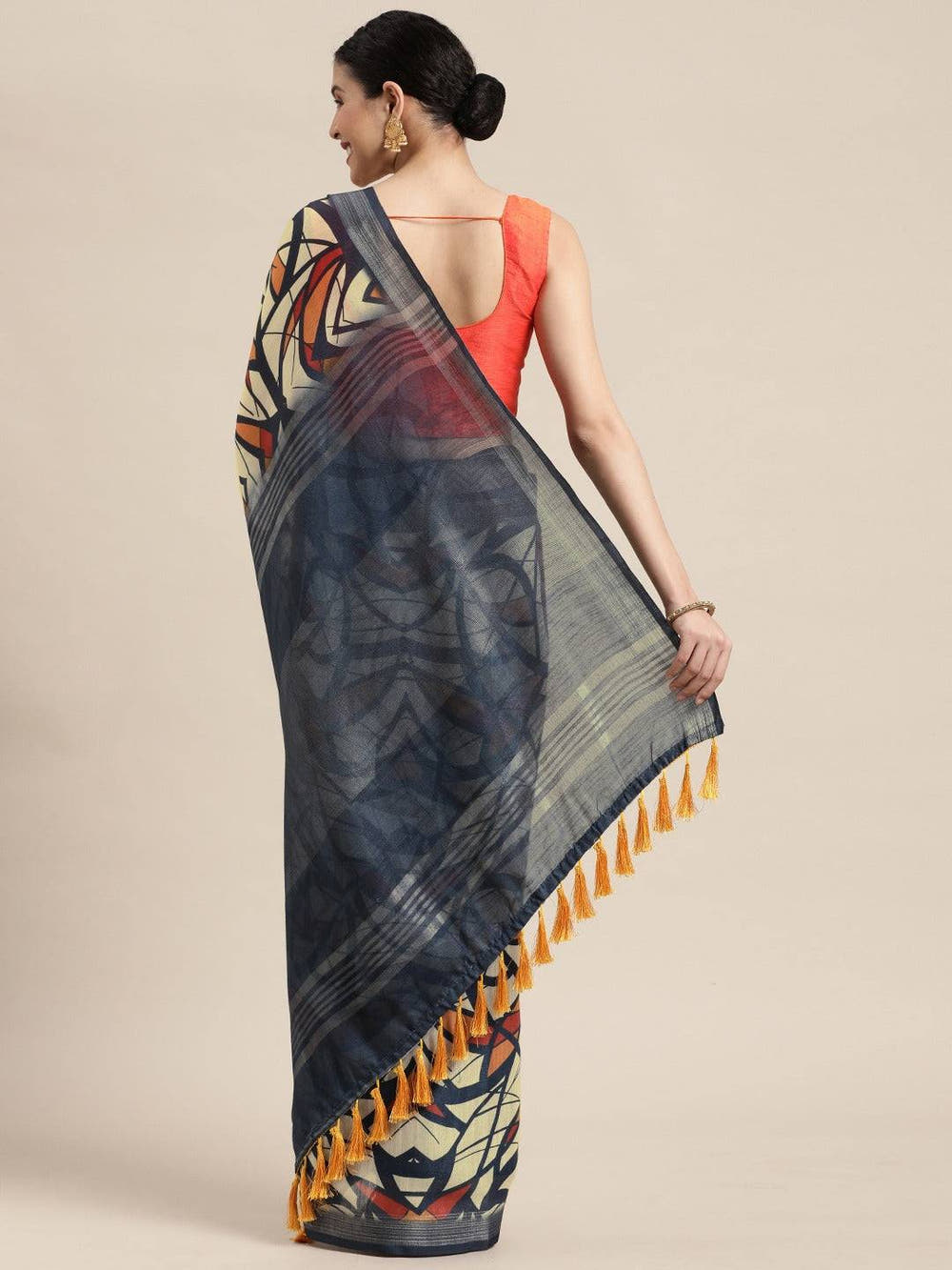 Yellow Colour Soft Linen Geometric Print Festive Wear Saree