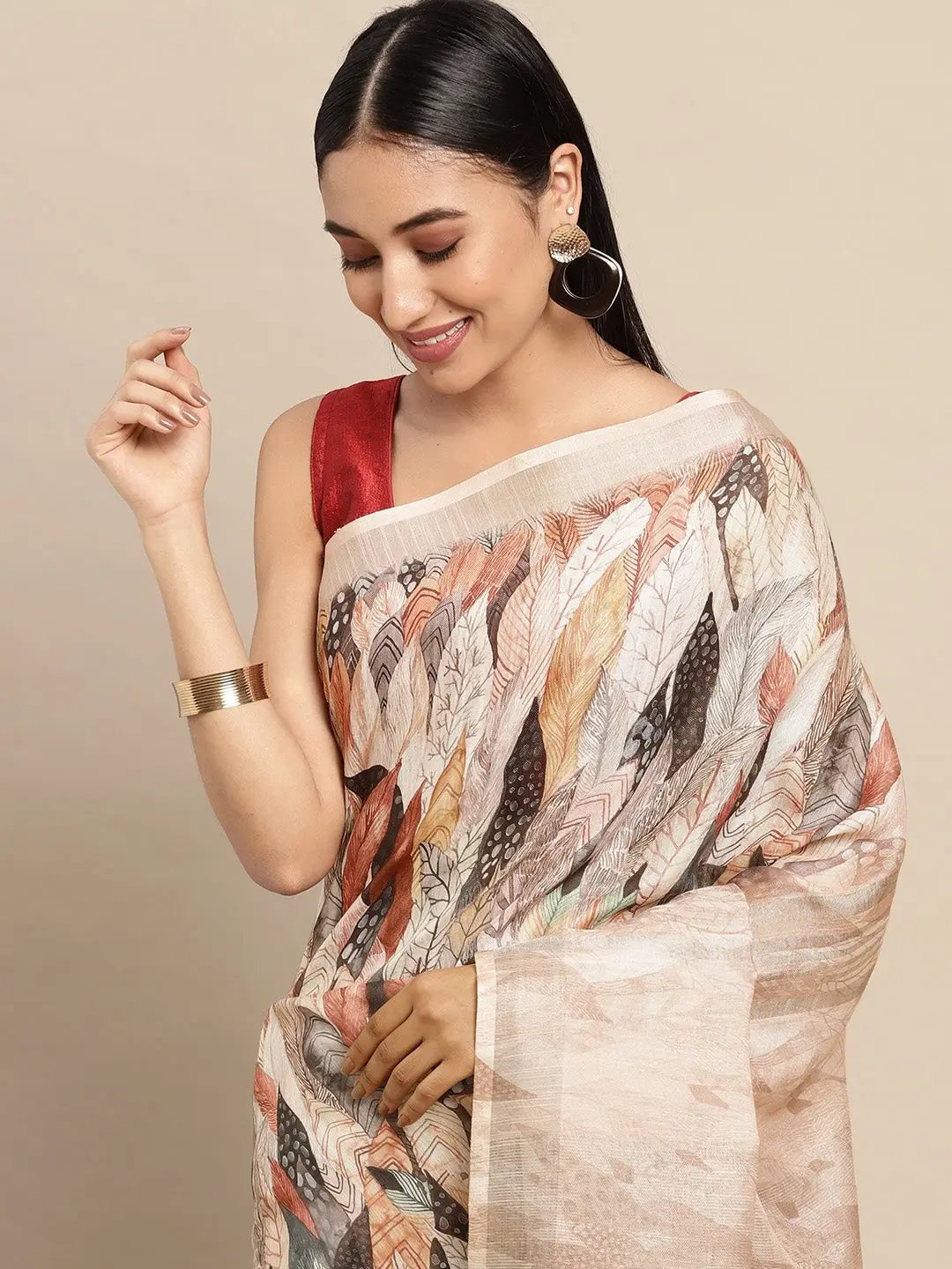 Cream Colour Soft Linen Geometric Print Festive Wear Saree