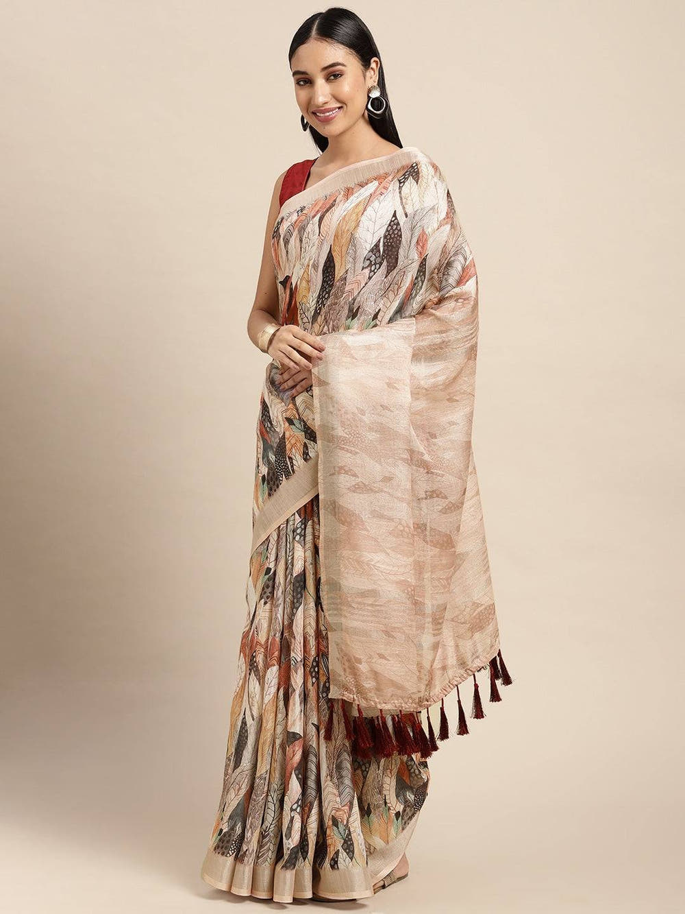 Cream Colour Soft Linen Geometric Print Festive Wear Saree