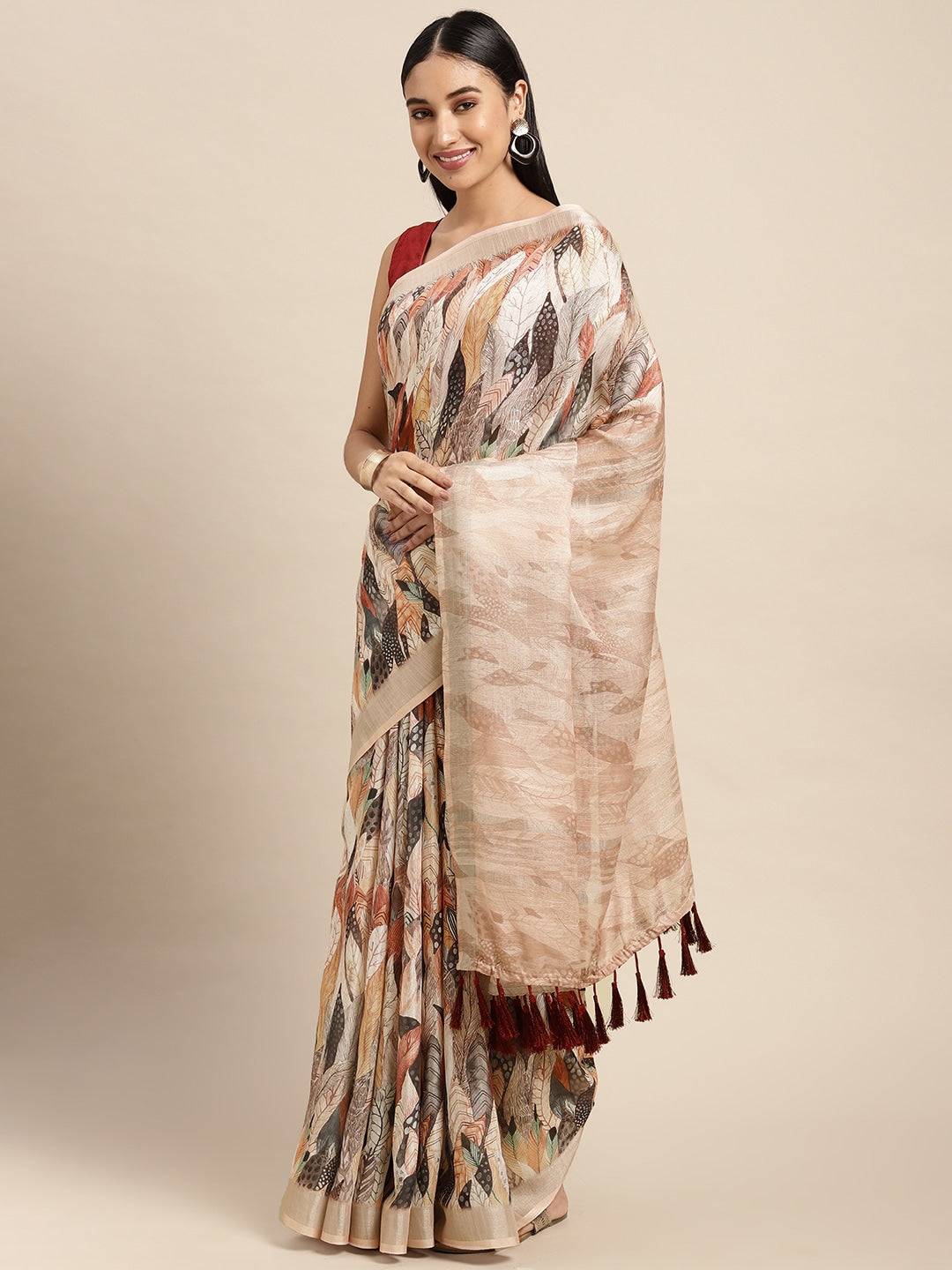 Cream Colour Soft Linen Geometric Print Festive Wear Saree