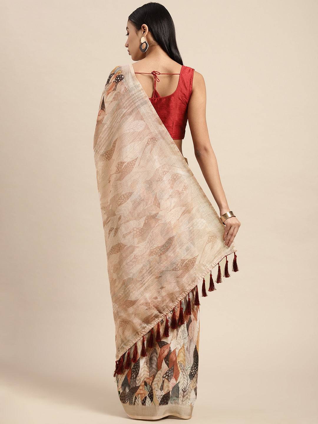 Cream Colour Soft Linen Geometric Print Festive Wear Saree