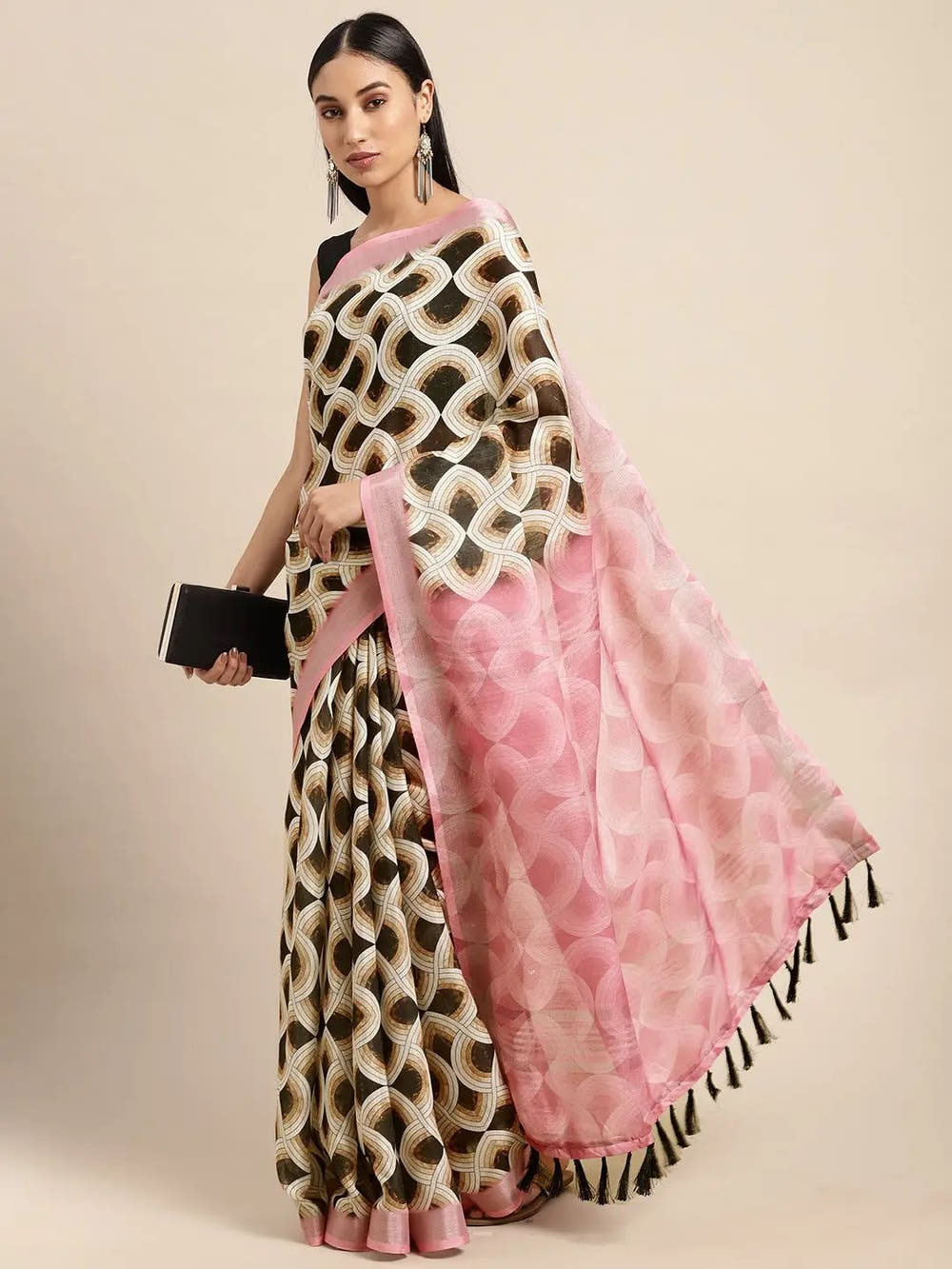 Exclusive Soft Linen Geometric  Print Festive Wear Saree