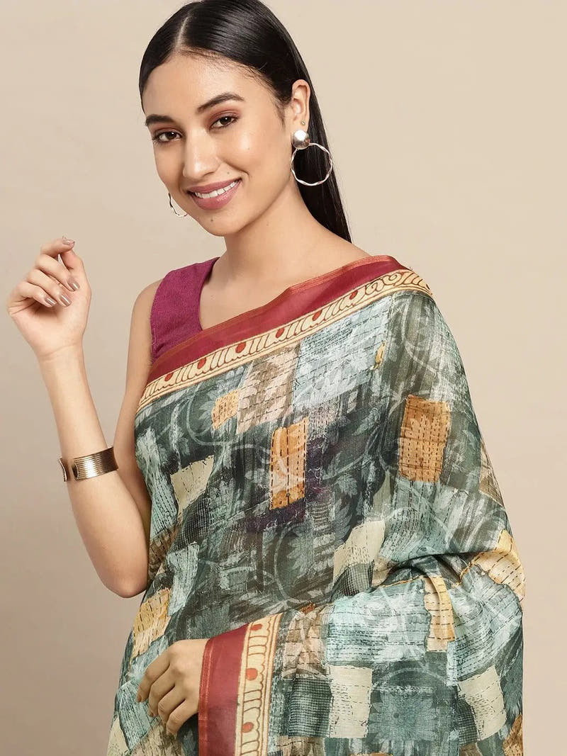Beautiful Digital Print Kalamakri Design Soft Linen Saree