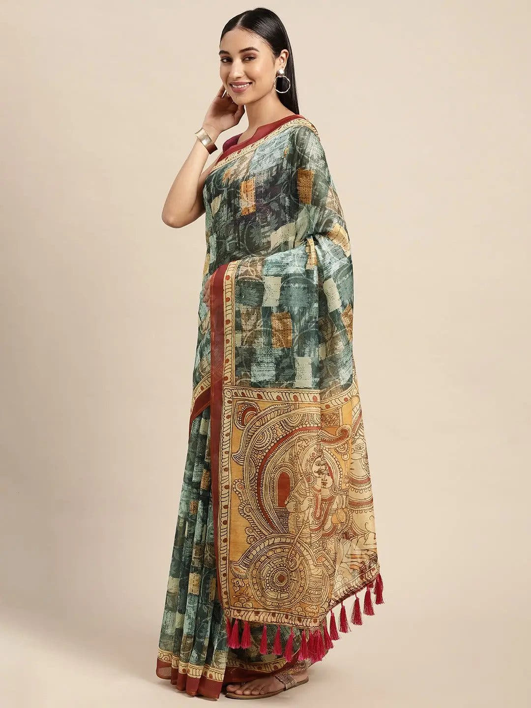 Beautiful Digital Print Kalamakri Design Soft Linen Saree