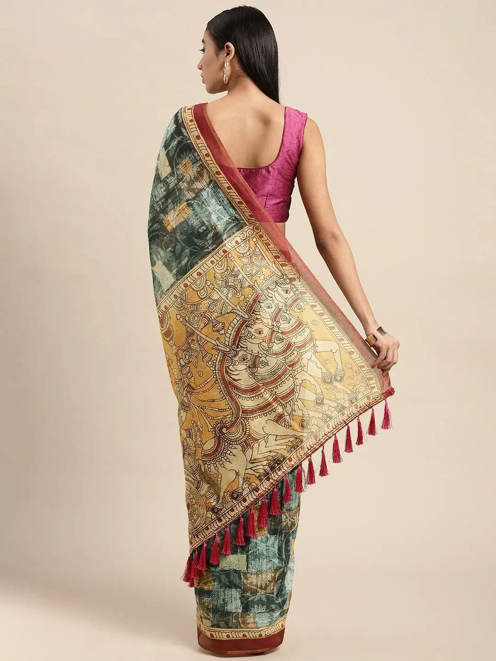 Beautiful Digital Print Kalamakri Design Soft Linen Saree