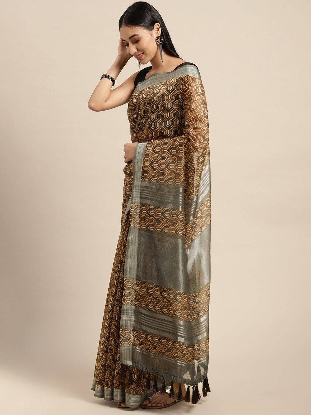 Brown Colour Soft Linen Digital Print Festive Wear Saree