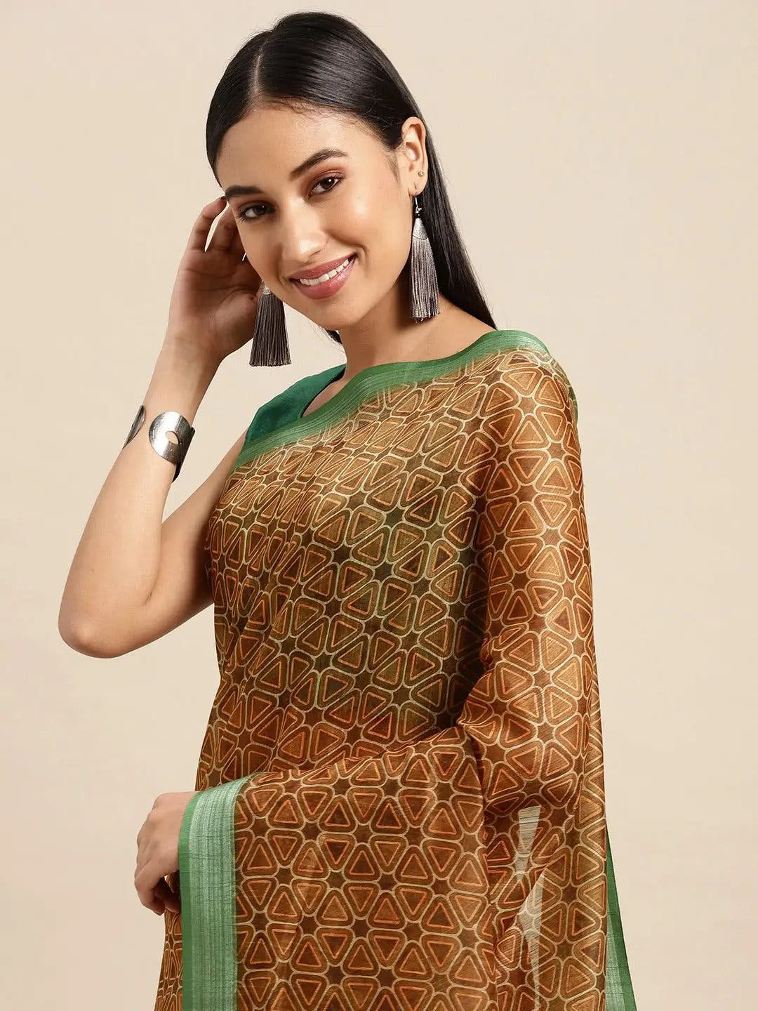 Brown Colour Soft Linen Digital Print Festive Wear Saree