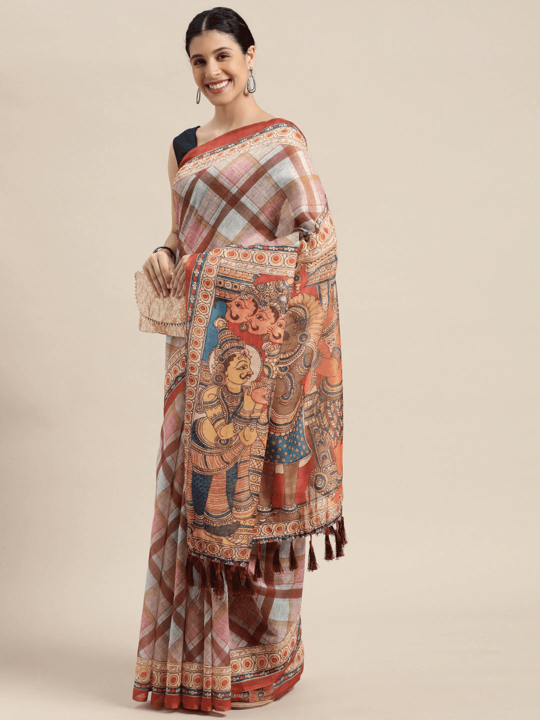 Beautiful Digital Print Kalamakri Design Soft Linen Saree