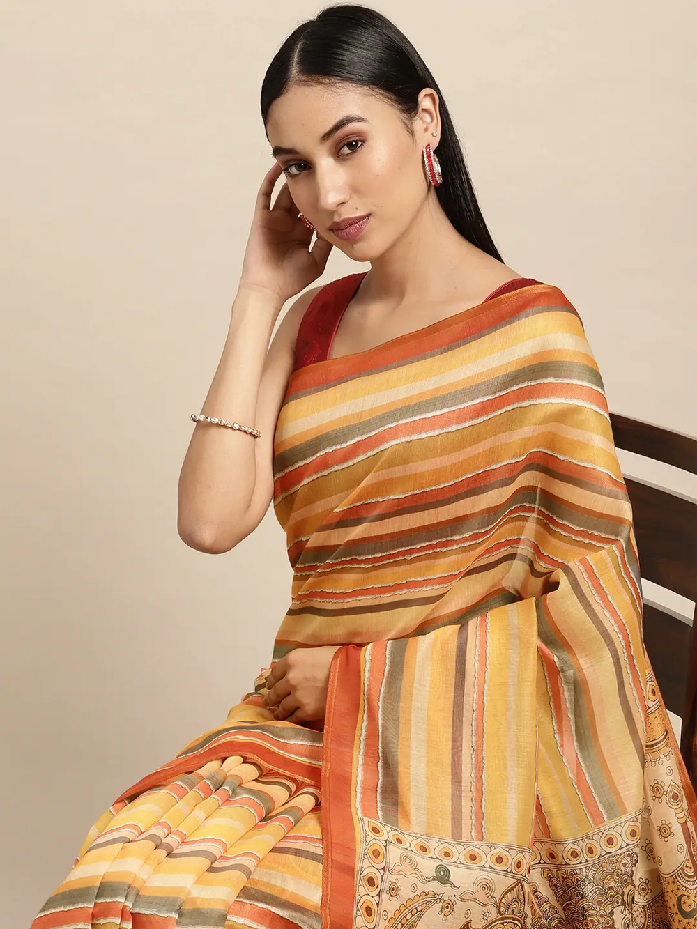 Traditional Digital Print Kalamakri Design Soft Linen Saree