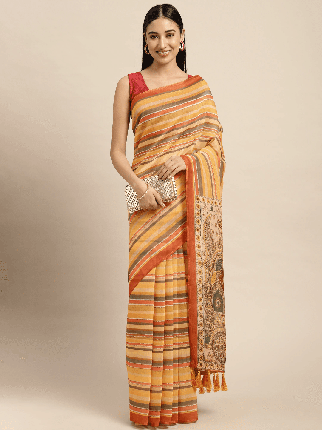 Traditional Digital Print Kalamakri Design Soft Linen Saree