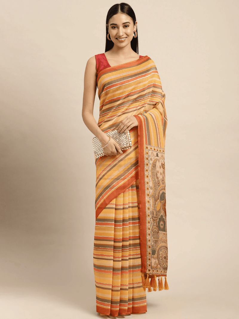 Traditional Digital Print Kalamakri Design Soft Linen Saree