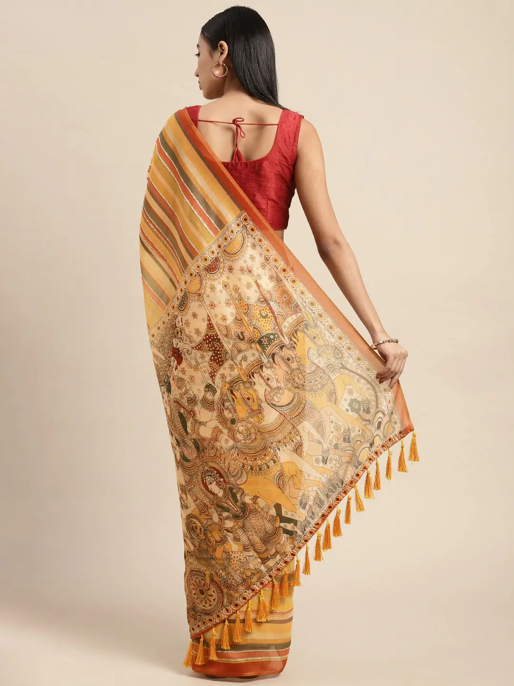 Traditional Digital Print Kalamakri Design Soft Linen Saree