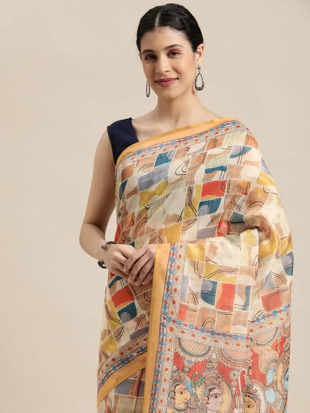 Stylish Digital Print Kalamakri Design Soft Linen Saree