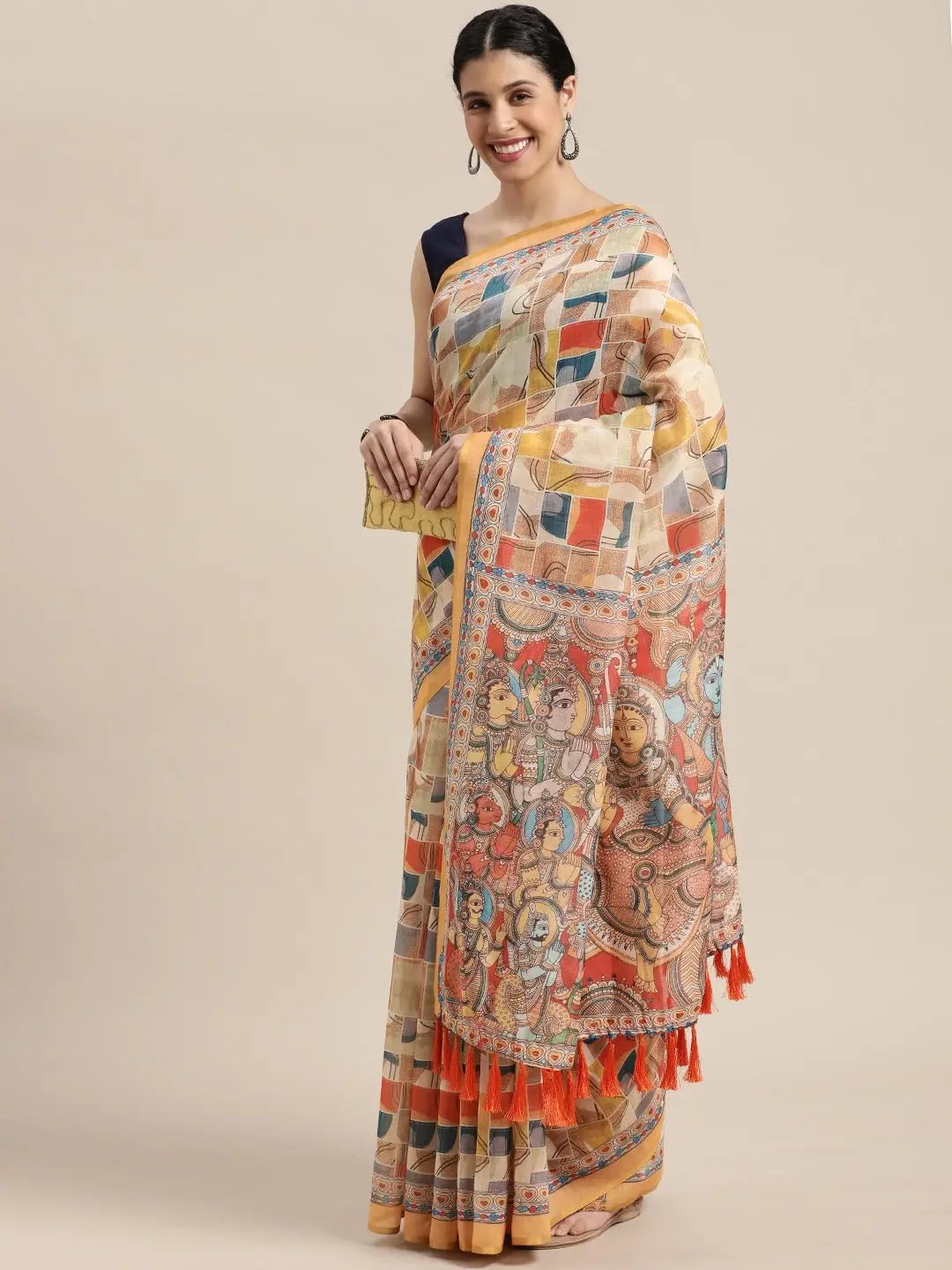 Stylish Digital Print Kalamakri Design Soft Linen Saree