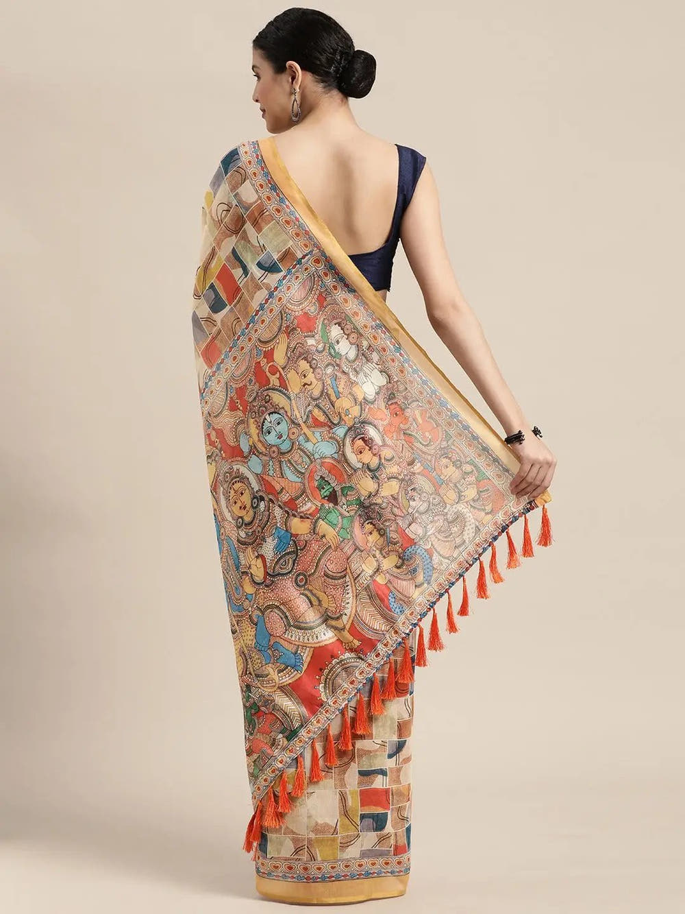 Stylish Digital Print Kalamakri Design Soft Linen Saree
