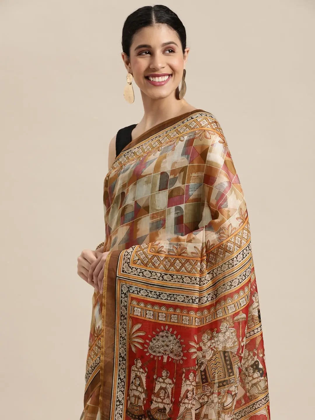 Latest Digital Print Kalamakri Design Soft Linen Saree