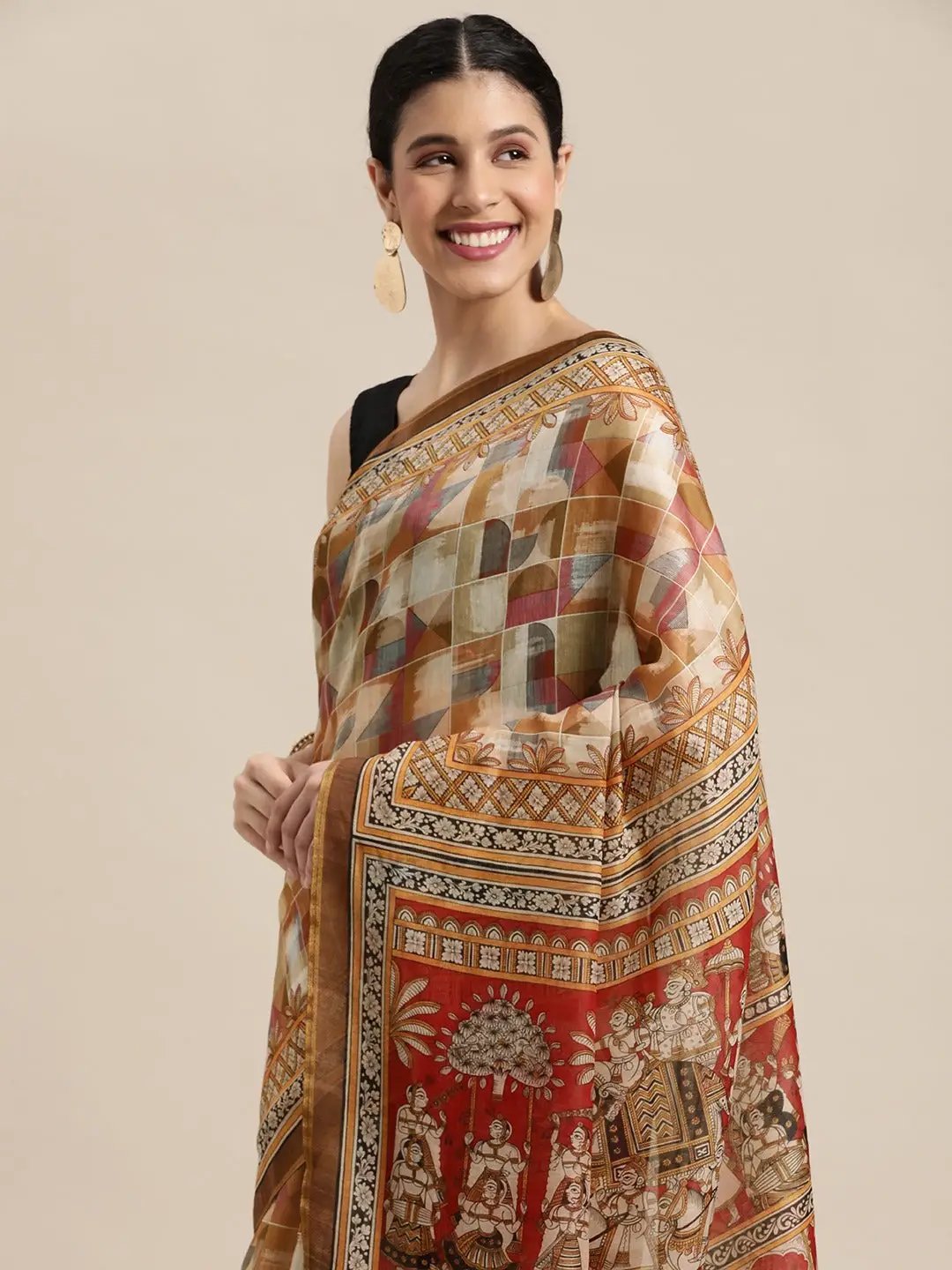 Latest Digital Print Kalamakri Design Soft Linen Saree
