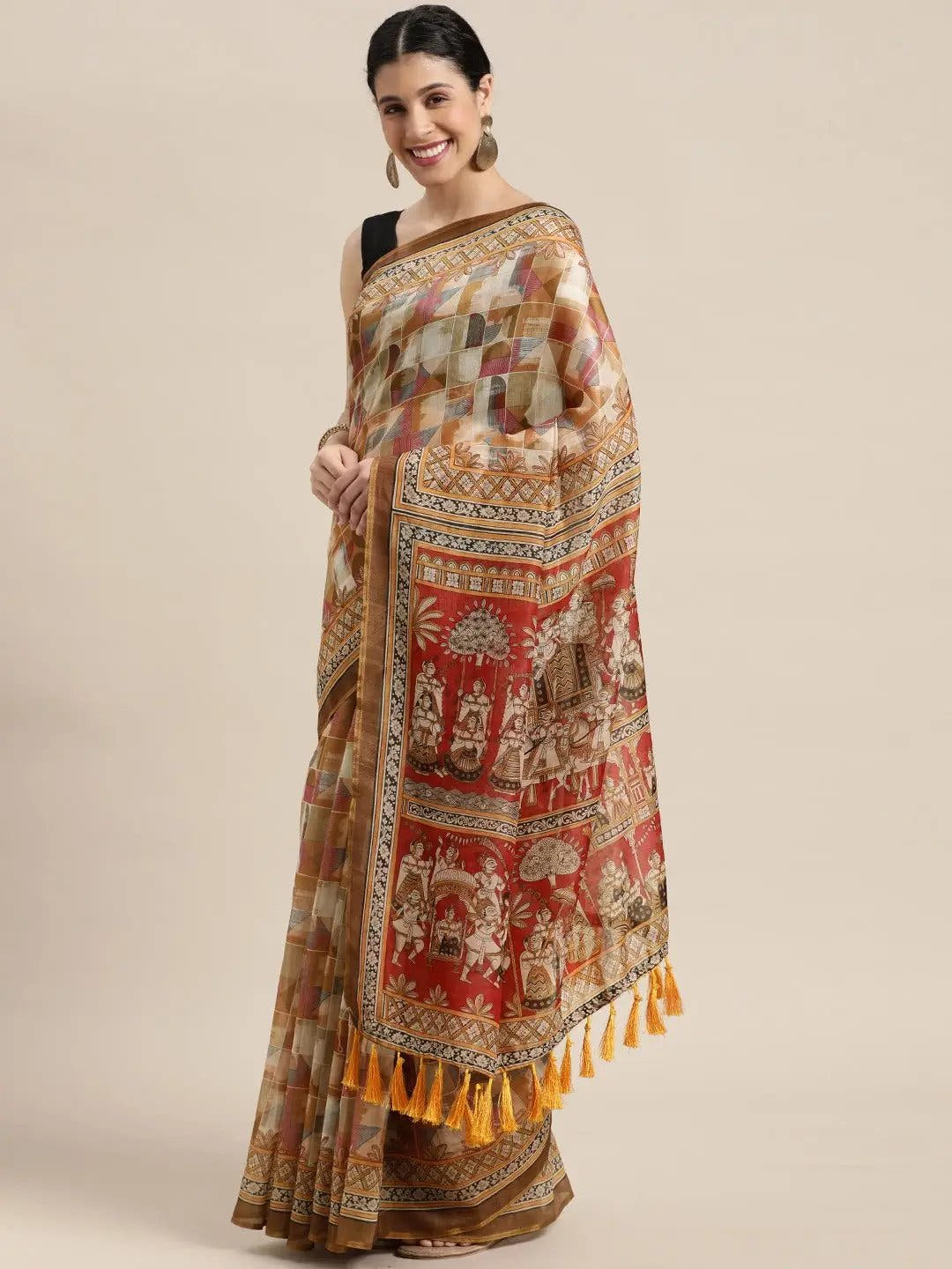 Latest Digital Print Kalamakri Design Soft Linen Saree