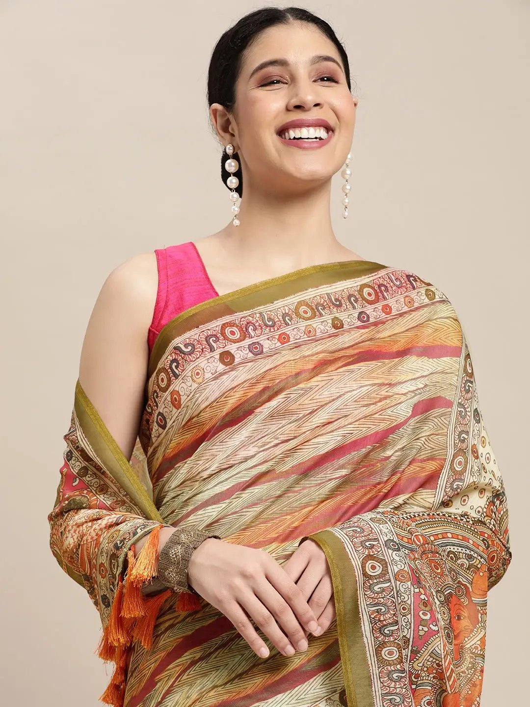 Beautiful Digital Print Kalamakri Design Soft Linen Saree