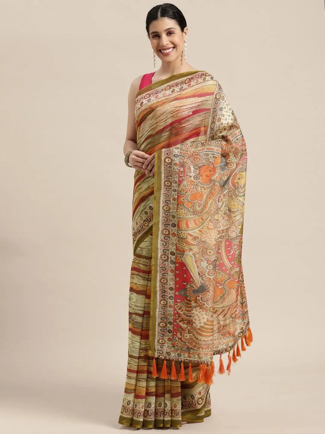 Beautiful Digital Print Kalamakri Design Soft Linen Saree