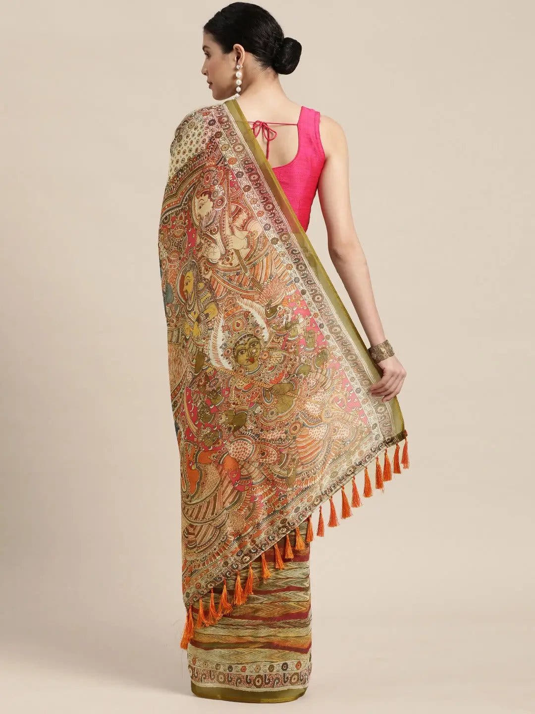 Beautiful Digital Print Kalamakri Design Soft Linen Saree