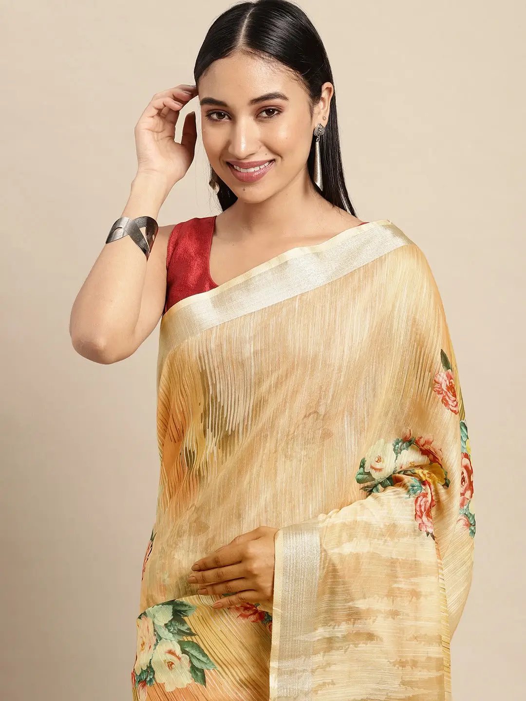 Beautiful Digital Flower Print Design Soft Linen Saree