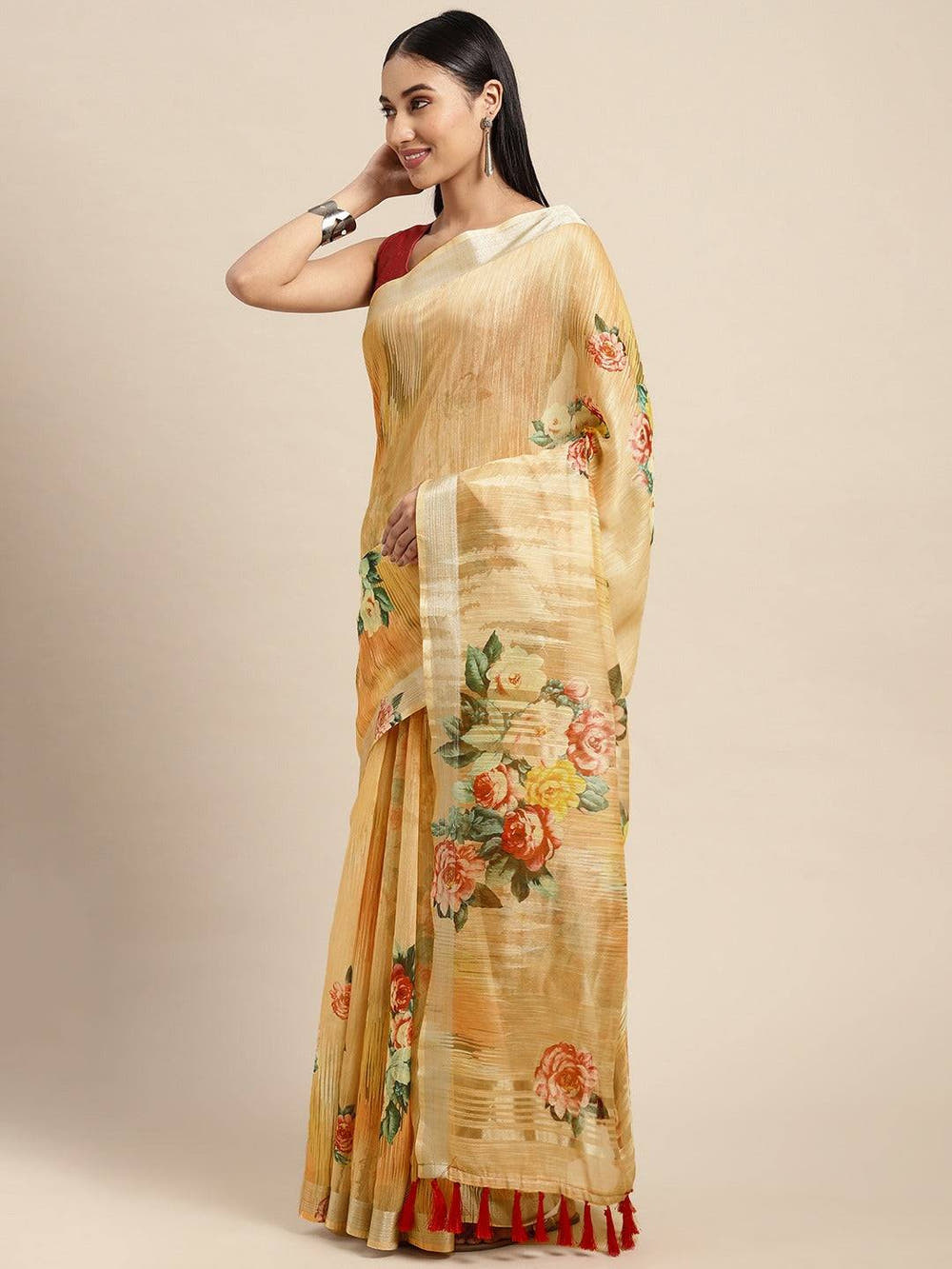 Beautiful Digital Flower Print Design Soft Linen Saree