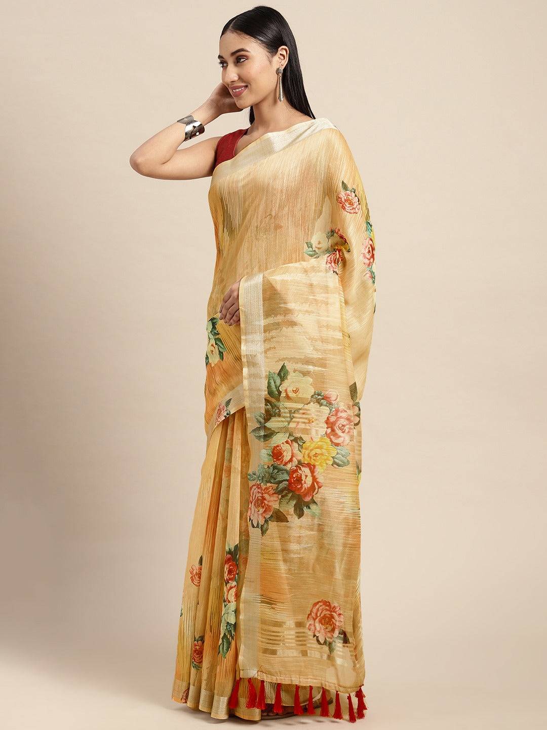 Beautiful Digital Flower Print Design Soft Linen Saree