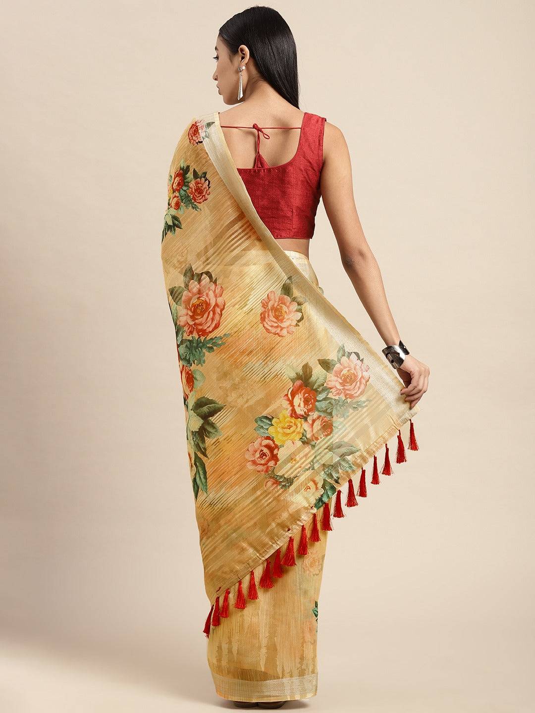 Beautiful Digital Flower Print Design Soft Linen Saree