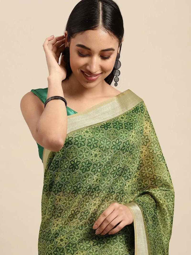 Beautiful Green Colour Digital Floral Print Soft Linen Saree