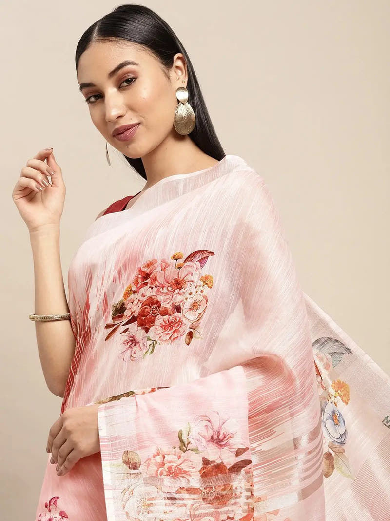 Beautiful Digital Flower Print Design Soft Linen Saree