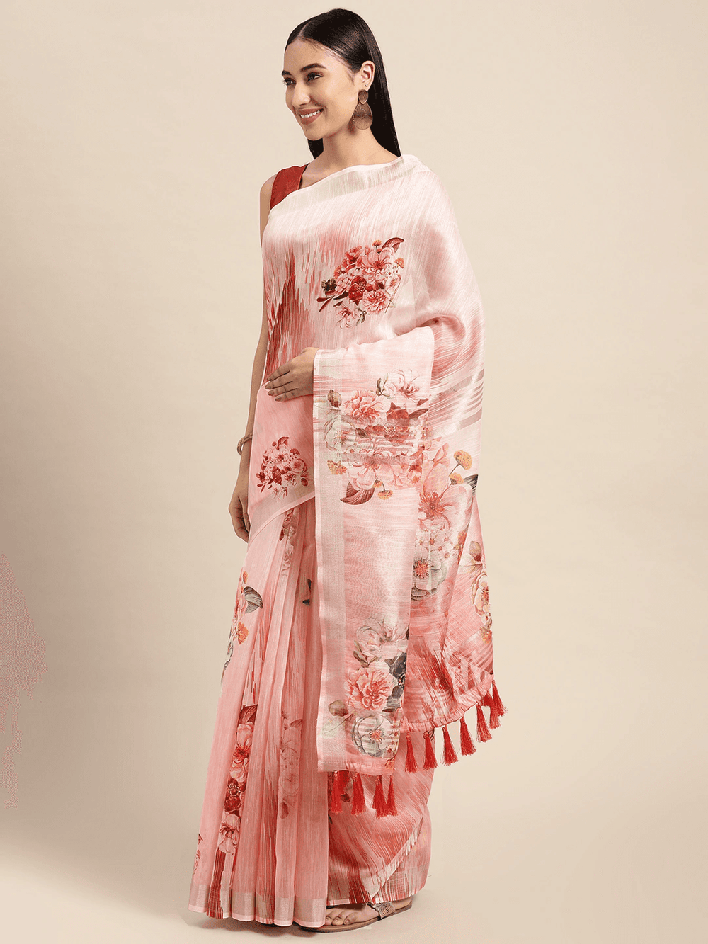 Beautiful Digital Flower Print Design Soft Linen Saree