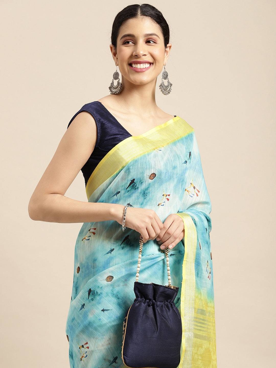 Beautiful Digital Flower Print Design Soft Linen Saree