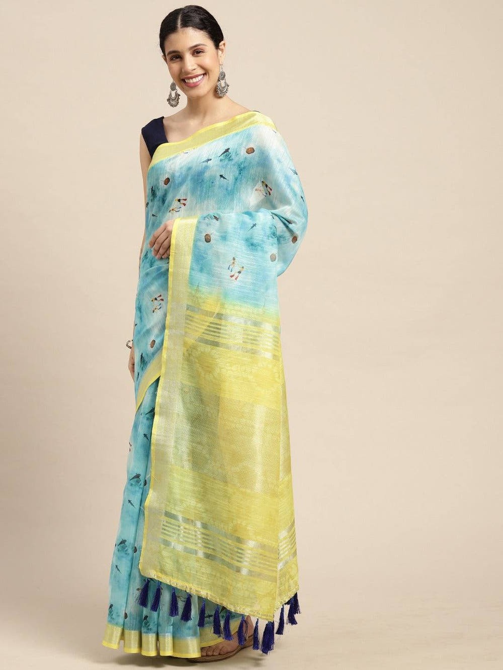 Beautiful Digital Flower Print Design Soft Linen Saree