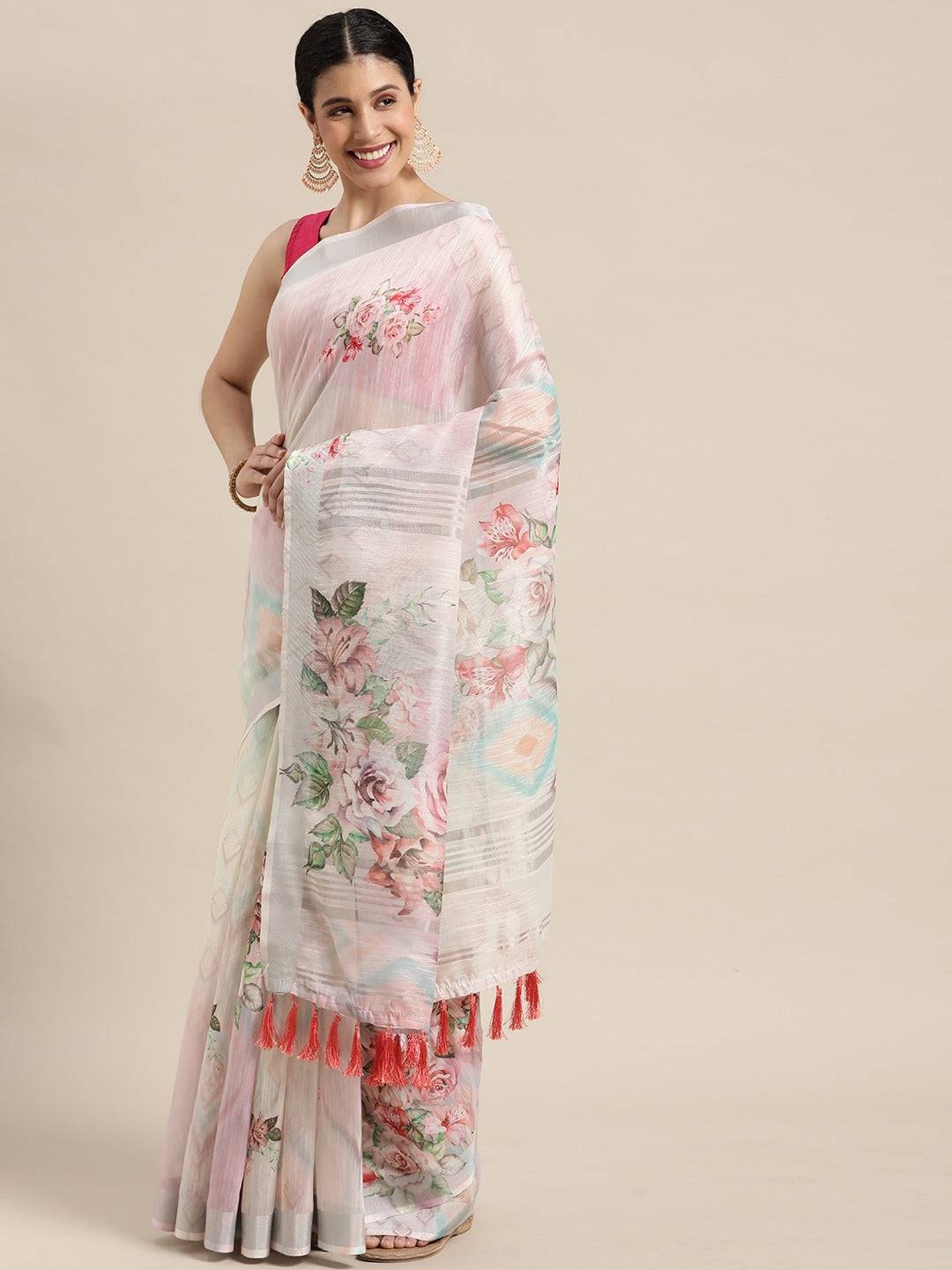 Beautiful White Colour Digital Flower Print Soft Linen Saree