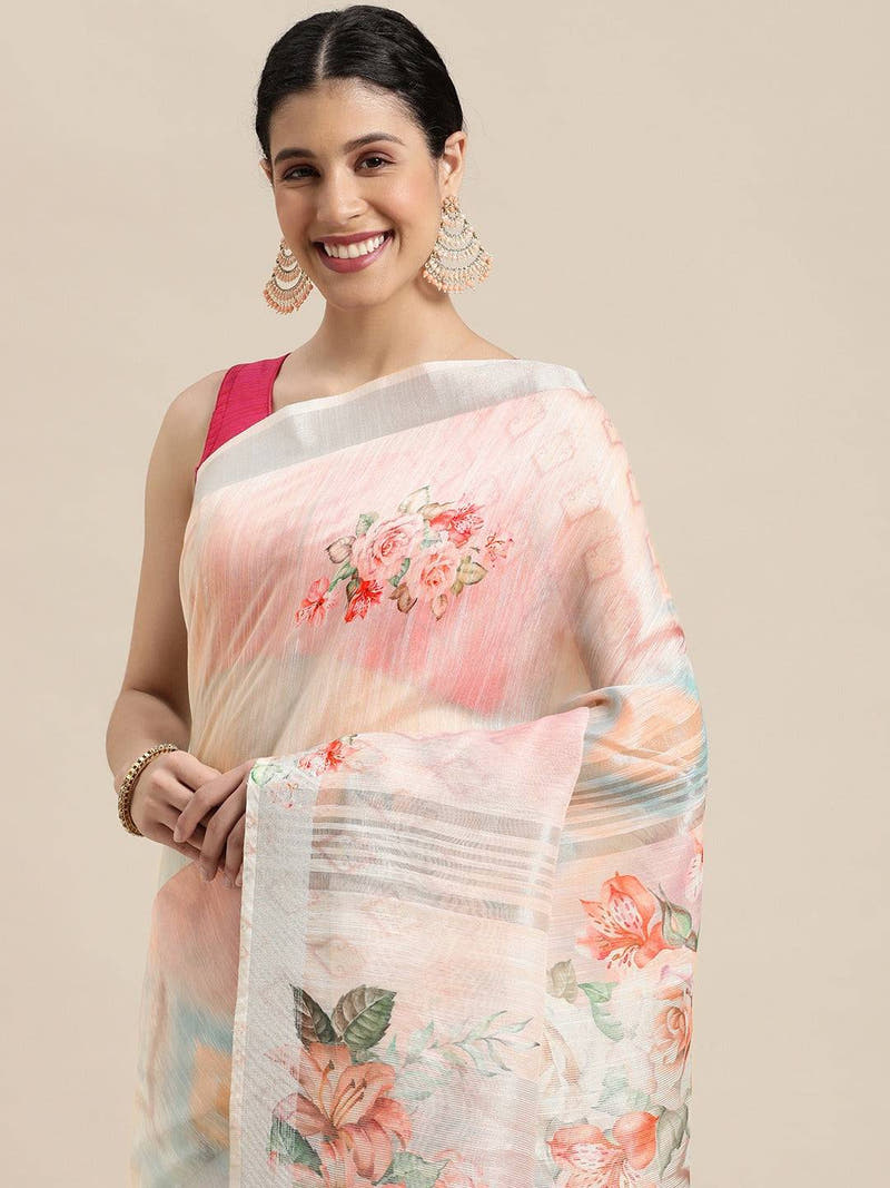 Beautiful White Colour Digital Flower Print Soft Linen Saree