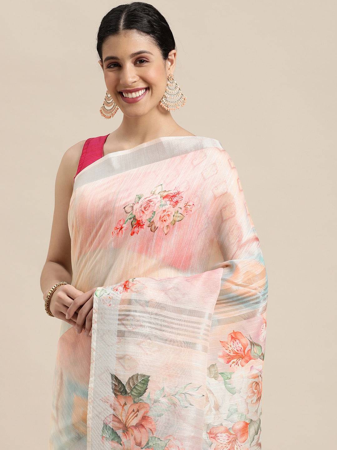 Beautiful White Colour Digital Flower Print Soft Linen Saree