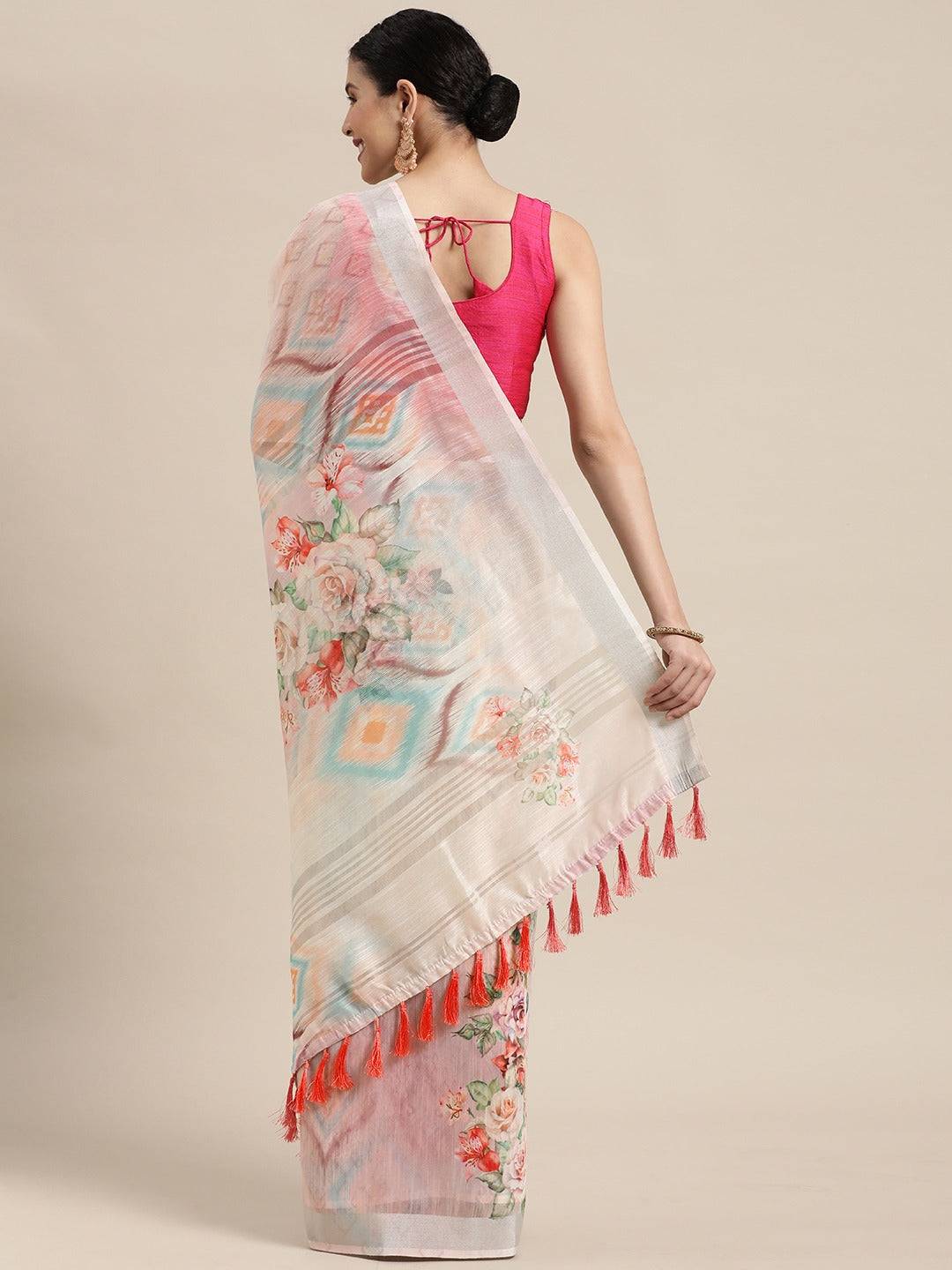 Beautiful White Colour Digital Flower Print Soft Linen Saree