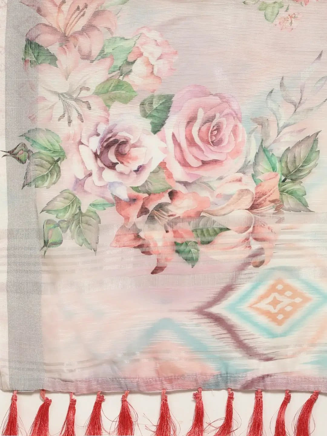 Beautiful White Colour Digital Flower Print Soft Linen Saree