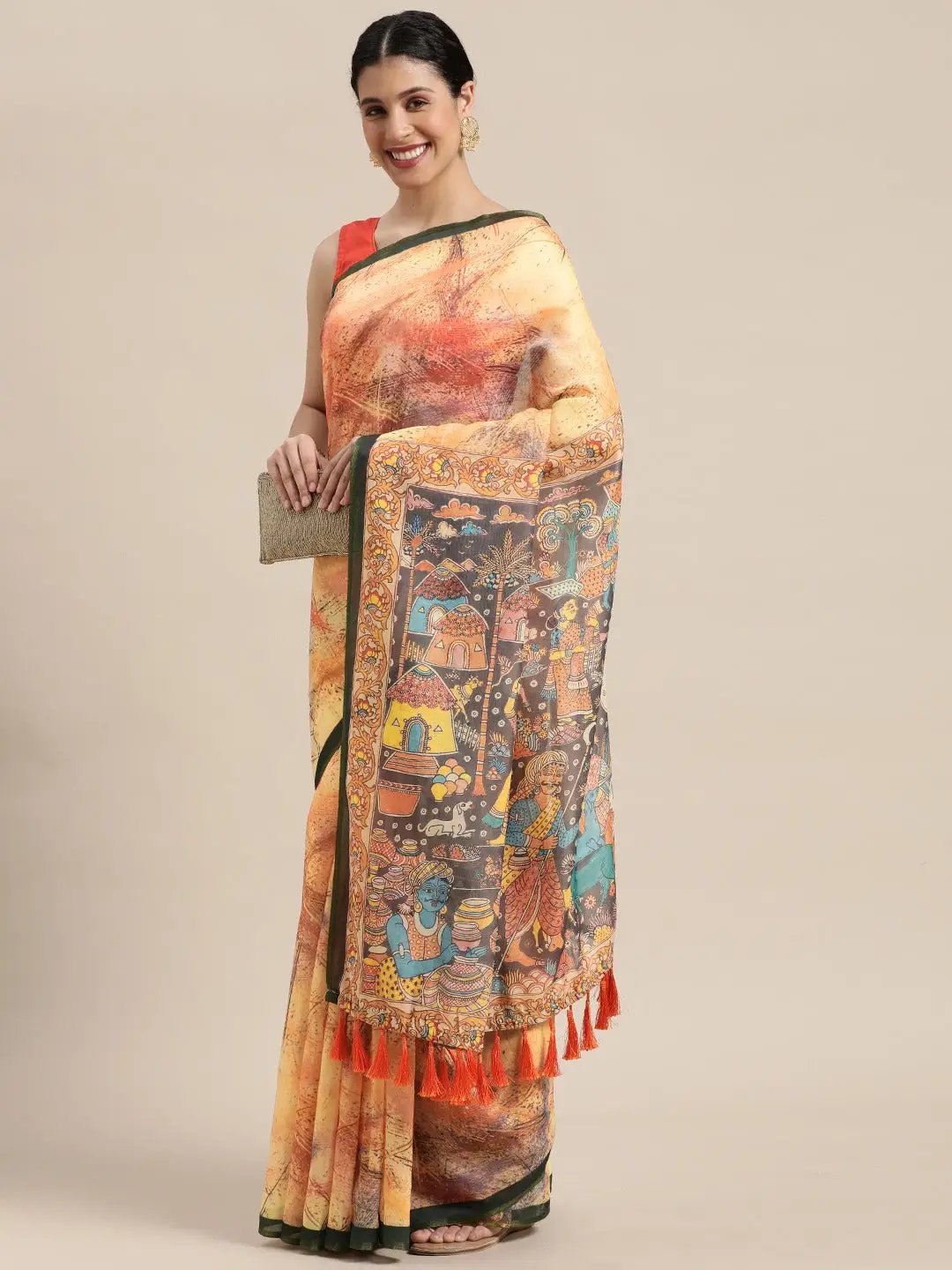 Mustard Colour Kalamakri Digital Print Soft Linen Saree